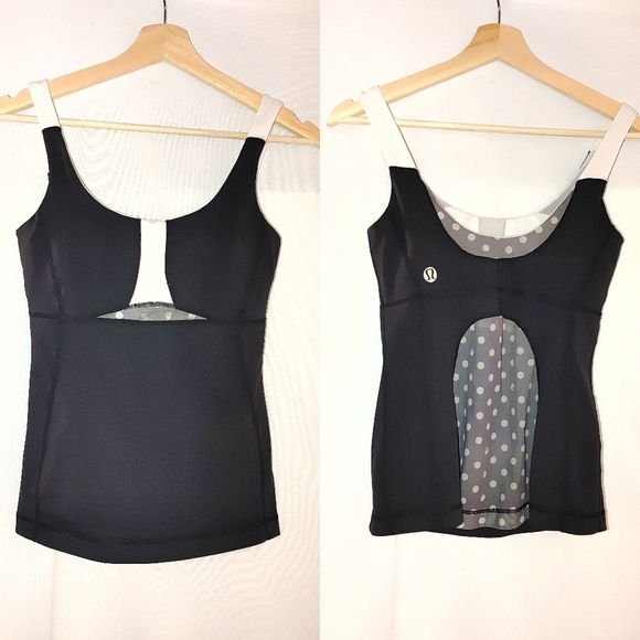 Lululemon Built‎ in Bra Tank Black White Sheer Panel Logo Detail Size 4 - Picture 1 of 7